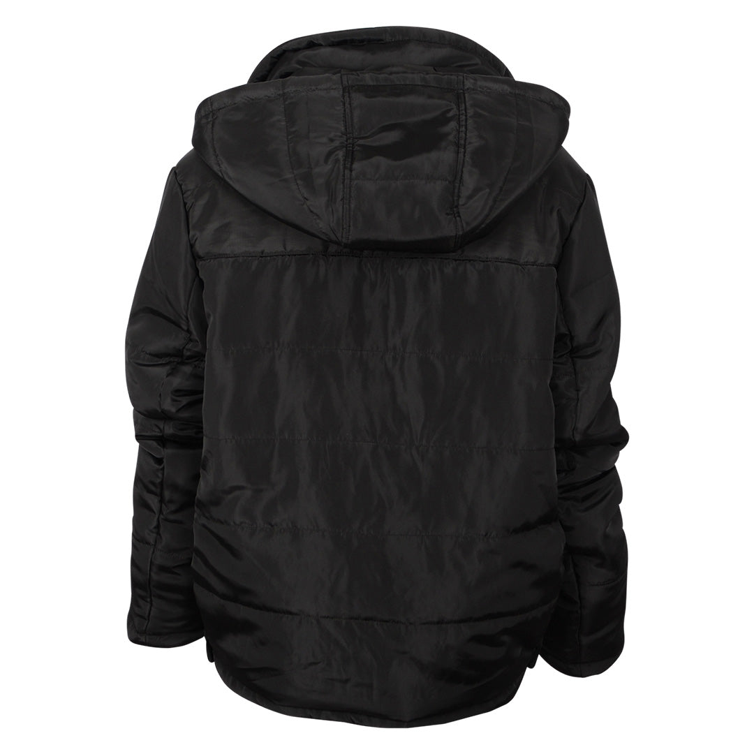 Back of a black puffer jacket for women with a hood on a white background.