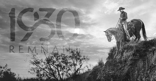 Man wearing a cowboy hat riding his horse down a steep bank with the text "1930 Remnant"