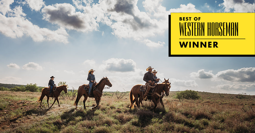 People wearing cowboy hats riding horses in the sunlight in a pasture in Tell, Texas with the text "Best of Western Horseman Winner".