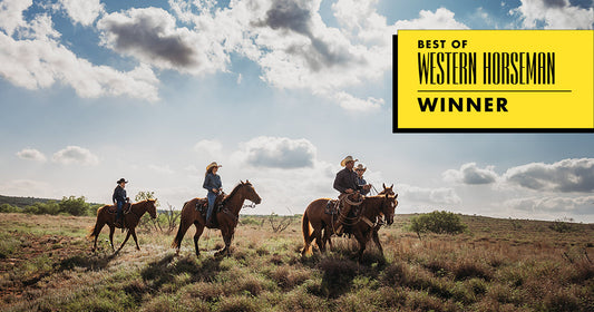 People wearing cowboy hats riding horses in the sunlight in a pasture in Tell, Texas with the text "Best of Western Horseman Winner".