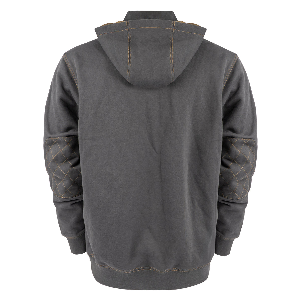 back of our gray quarter zip/snap front closure hoodie with a kangaroo pocket on white background 
