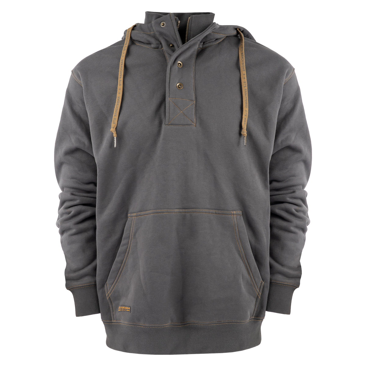 Gray quarter zip/snap front closure hoodie with a kangaroo pocket on white background 