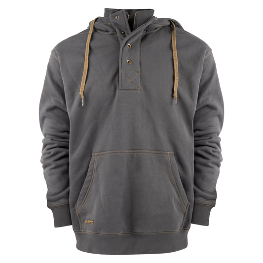 Gray quarter zip/snap front closure hoodie with a kangaroo pocket on white background 