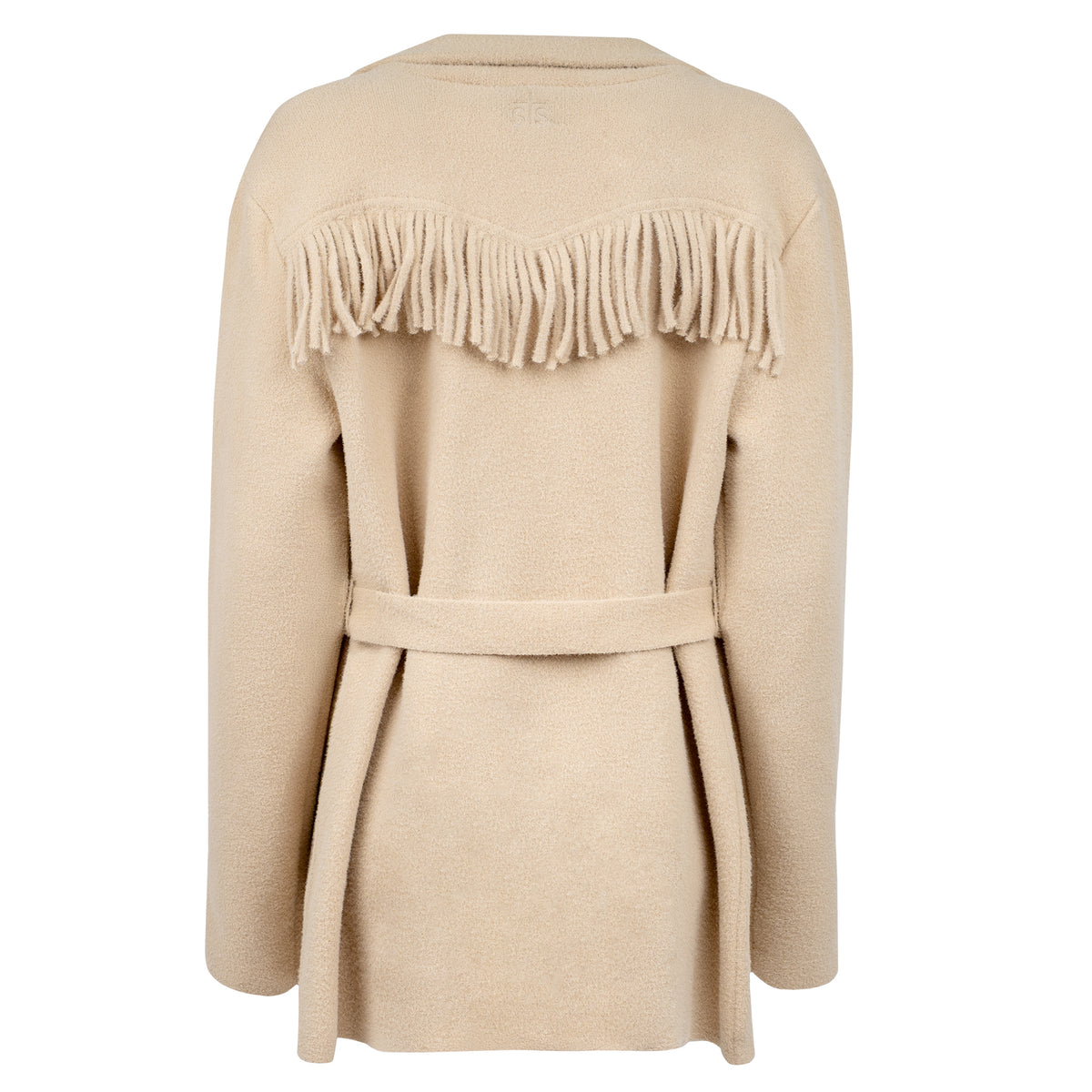 back of our beige lapel collared jacket with open front with waist tie belt on white background