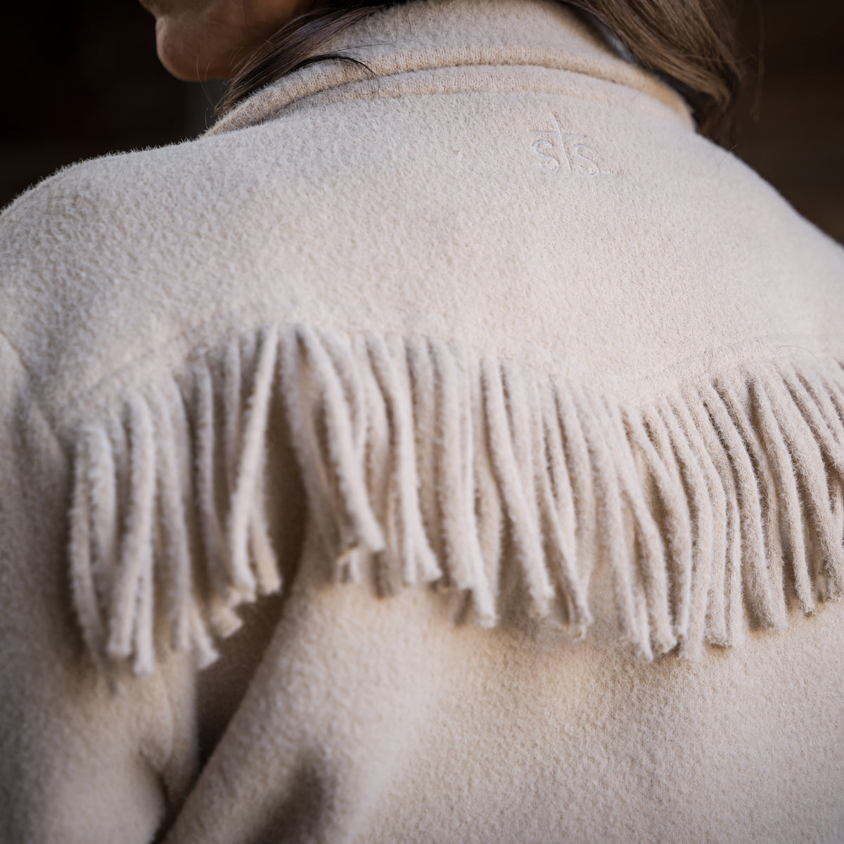 closeup of the back of our beige lapel collared jacket with open front with waist tie belt