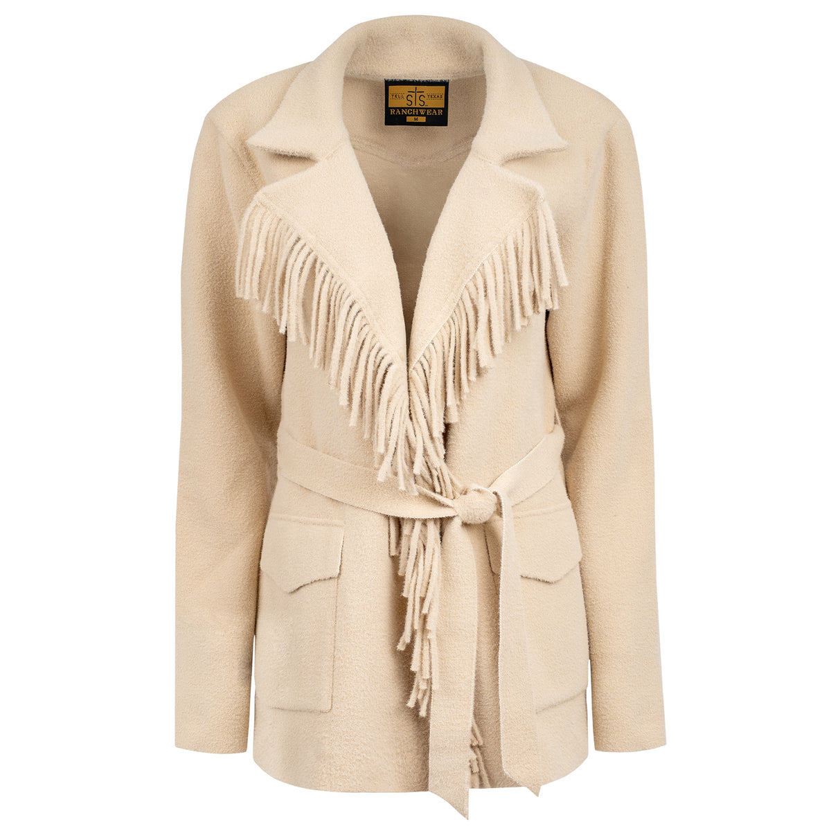 Beige lapel collared jacket with open front with waist tie belt on white background