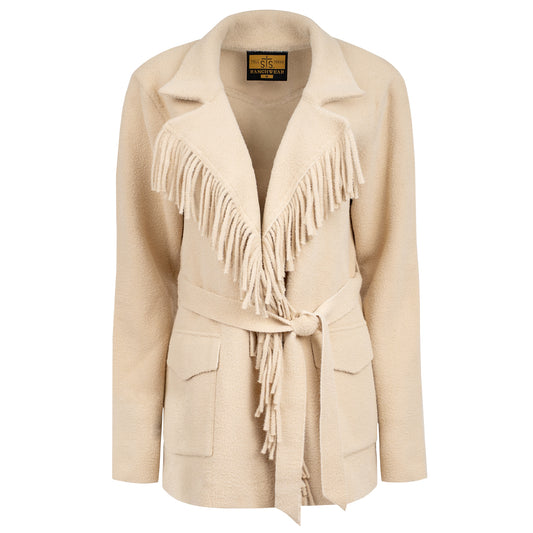 Beige lapel collared jacket with open front with waist tie belt on white background