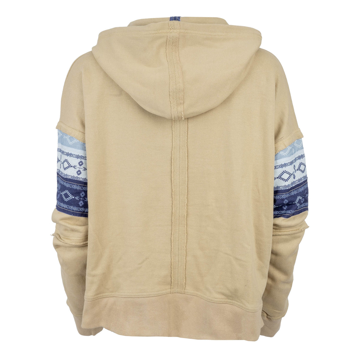 Beige hoodie with blue patterned sleeves on a white background.