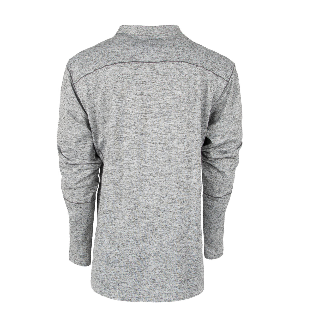 Back of a lightweight gray jacket on a white background.
