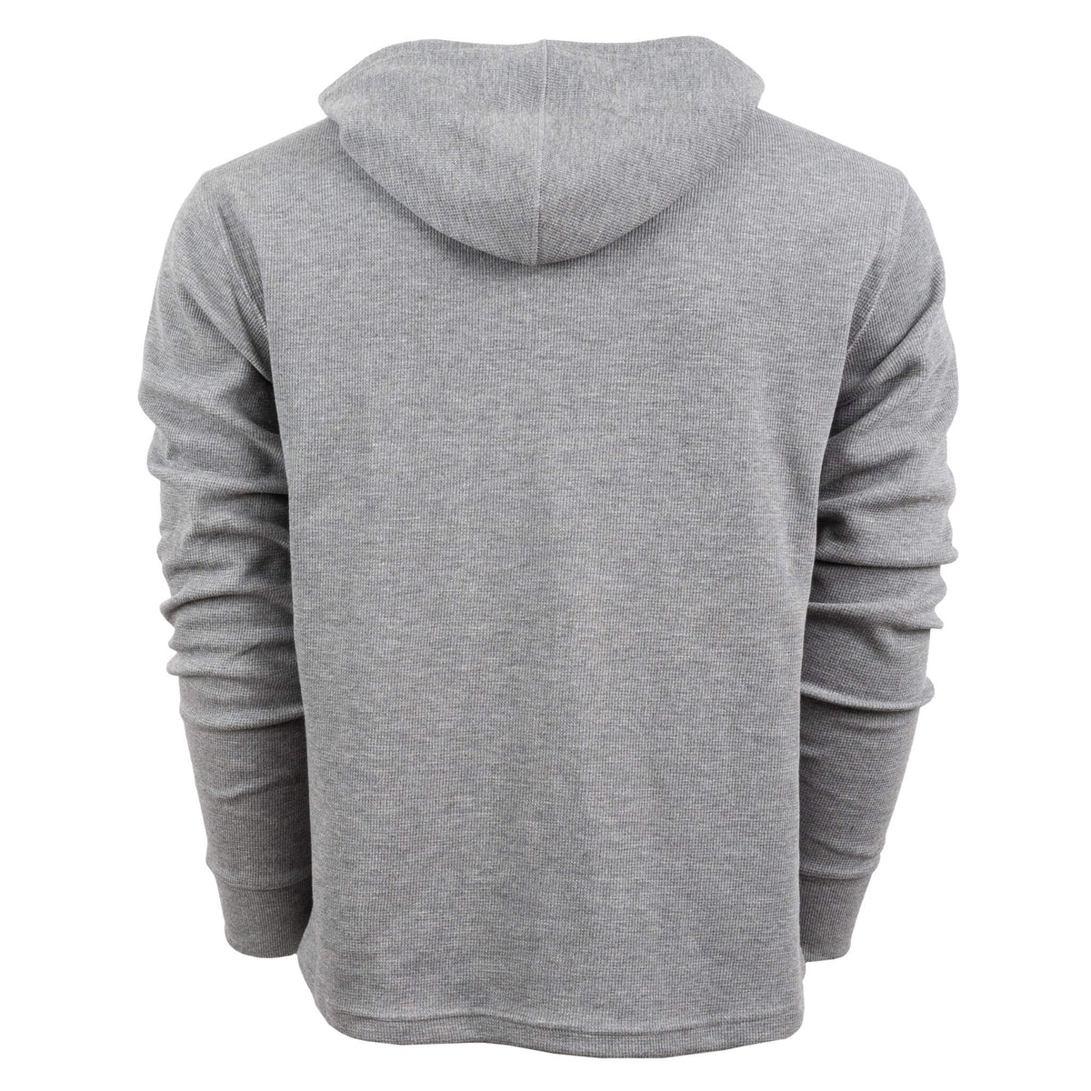 Heather gray men's hoodie with hood on and long sleeves, displaying a plain design with no visible logos or text.