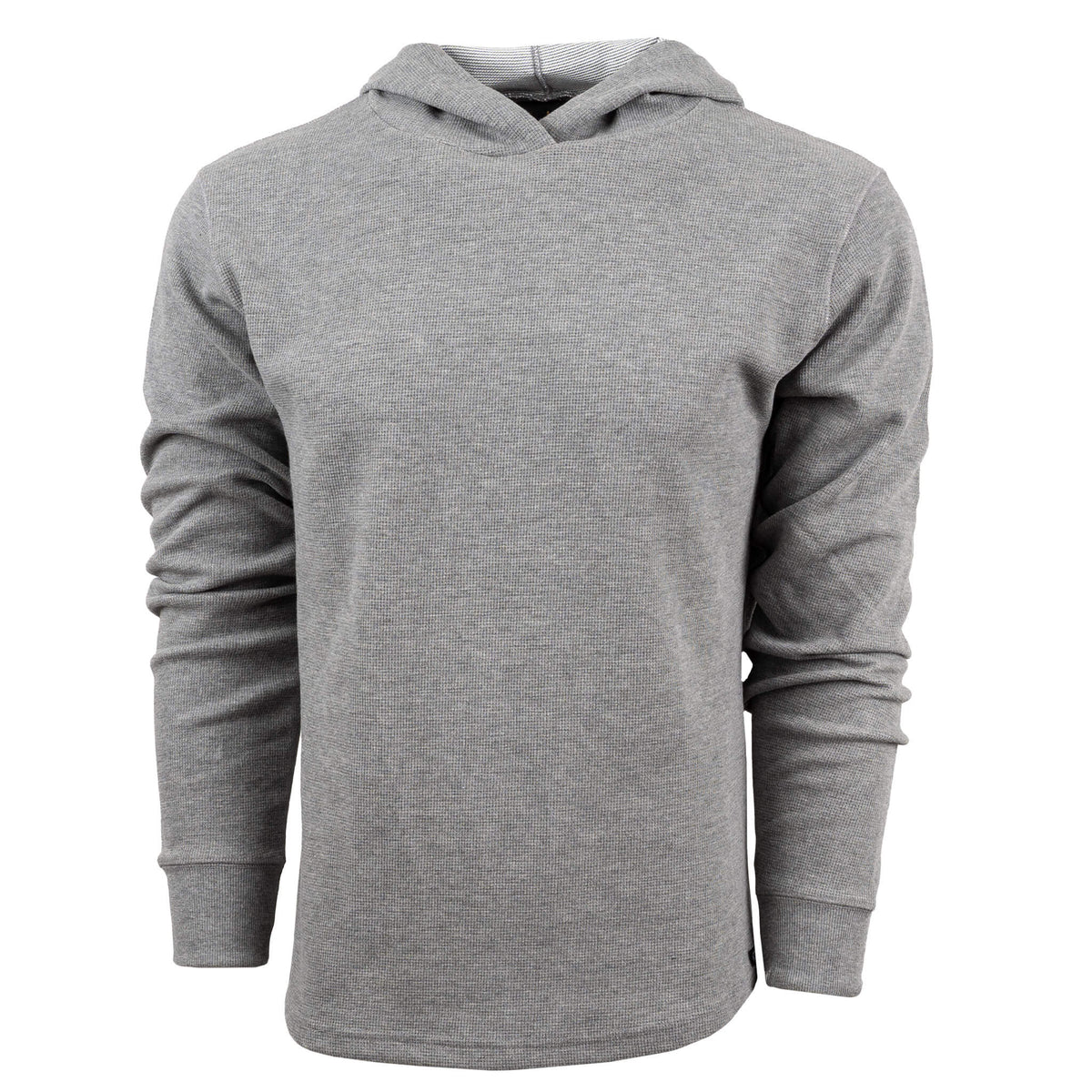 Heather gray men's hoodie with hood on and long sleeves, displaying a plain design with no visible logos or text.