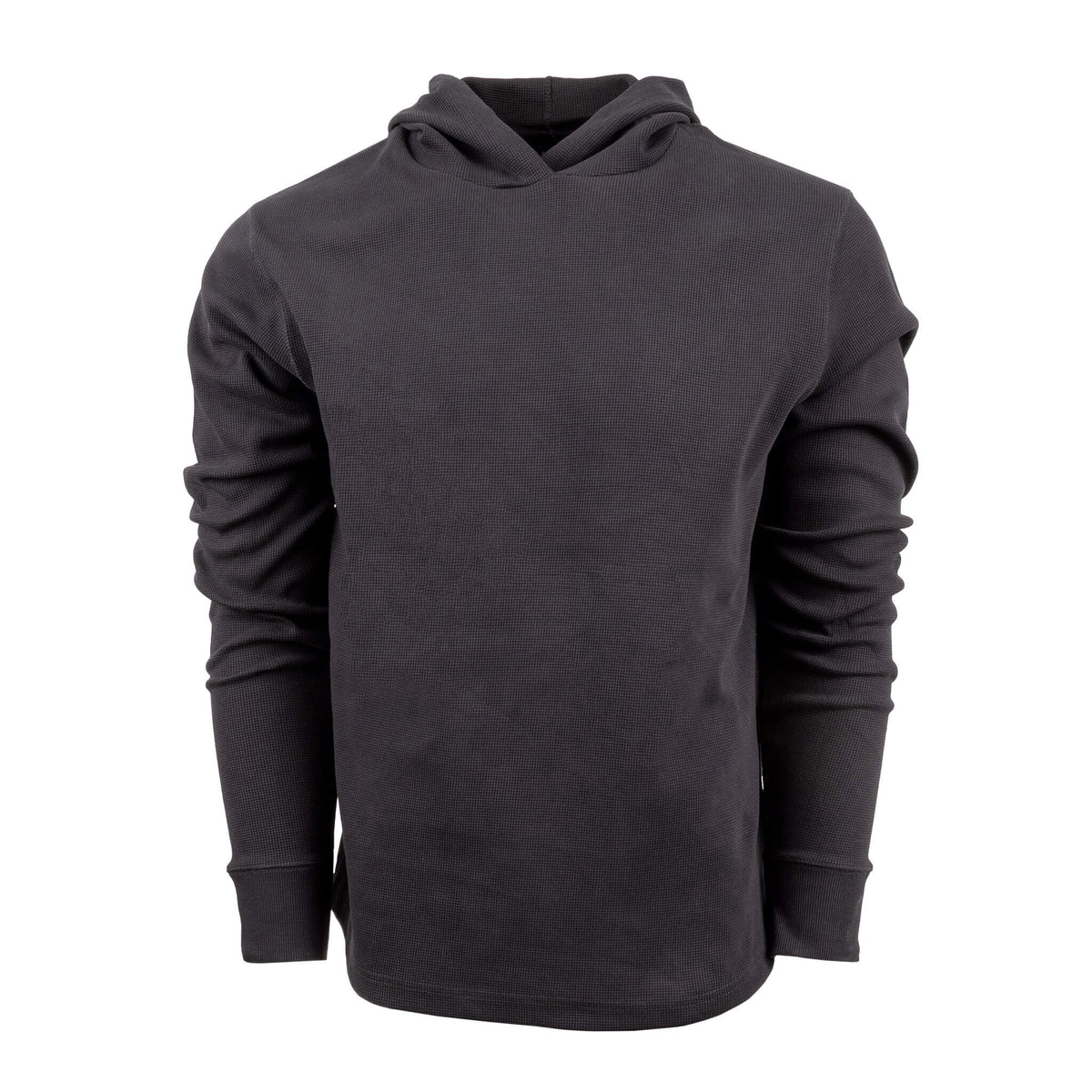 A men's black waffle knit hoodie displayed on a white background.