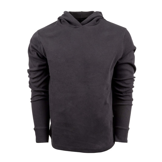 A men's black waffle knit hoodie displayed on a white background.