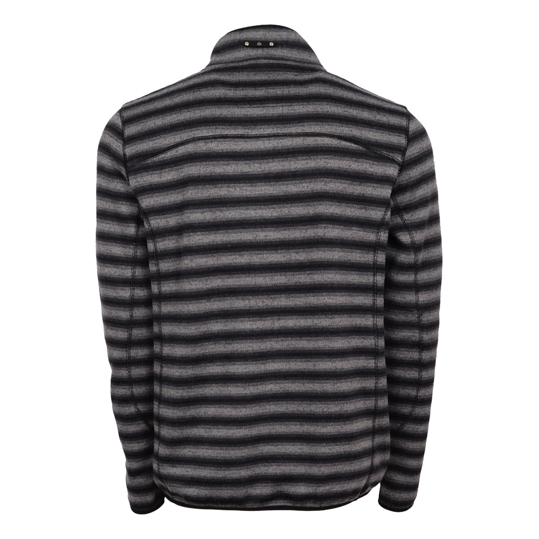 Back of a men's quarter zip pullover in black and gray stripes on a white background.