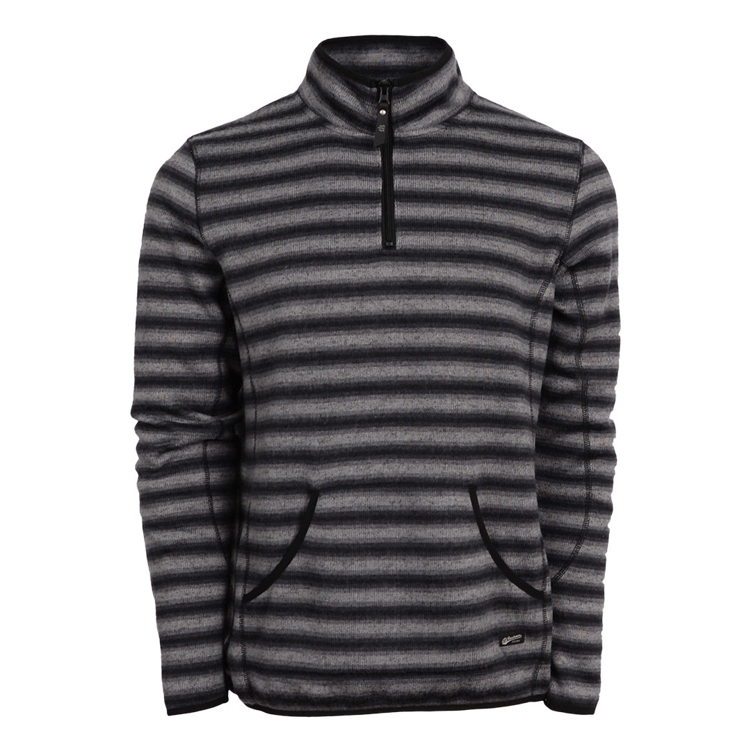 A men's quarter zip pullover in black and gray stripes, with a kangaroo pocket and elastic cuffs.