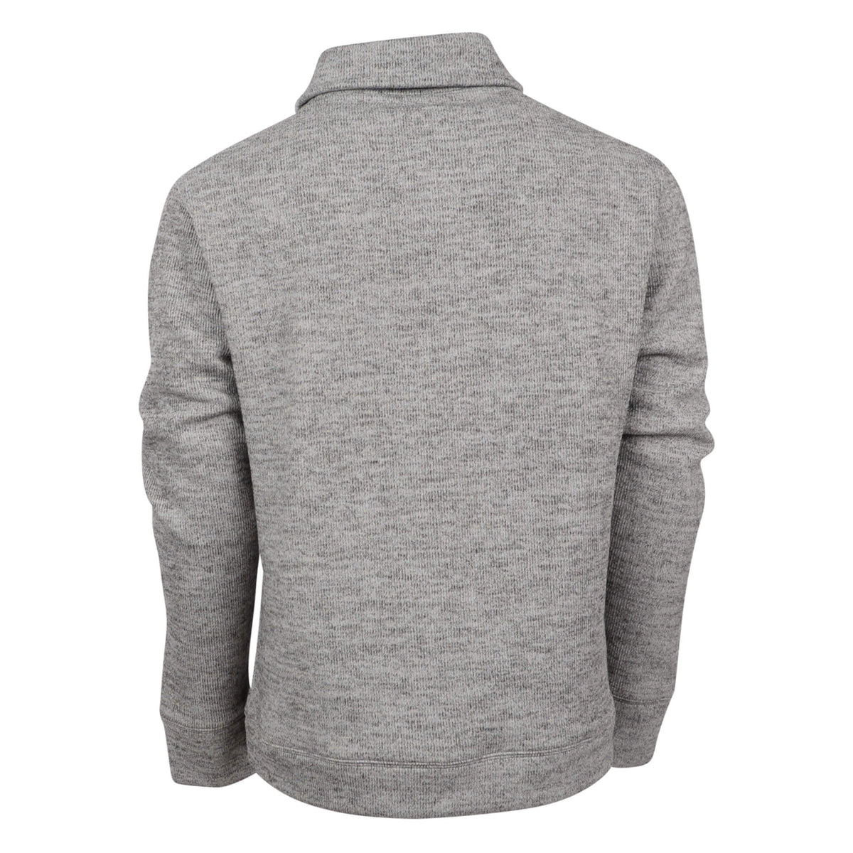 Back of men's gray Olathe pullover with button cowl neck.