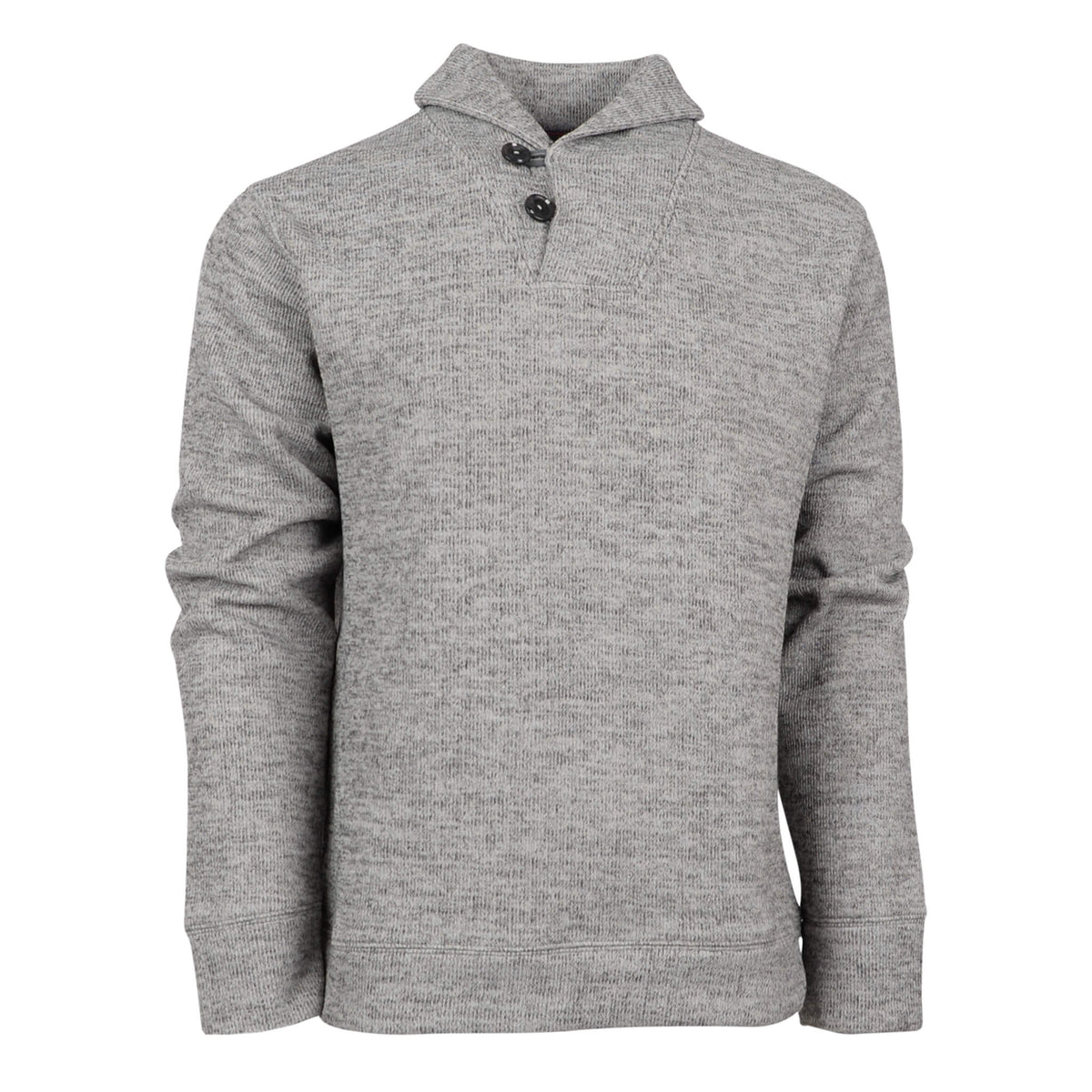 Men's gray Olathe pullover with button cowl neck and fleece lining, featuring ribbed cuffs and waistband.