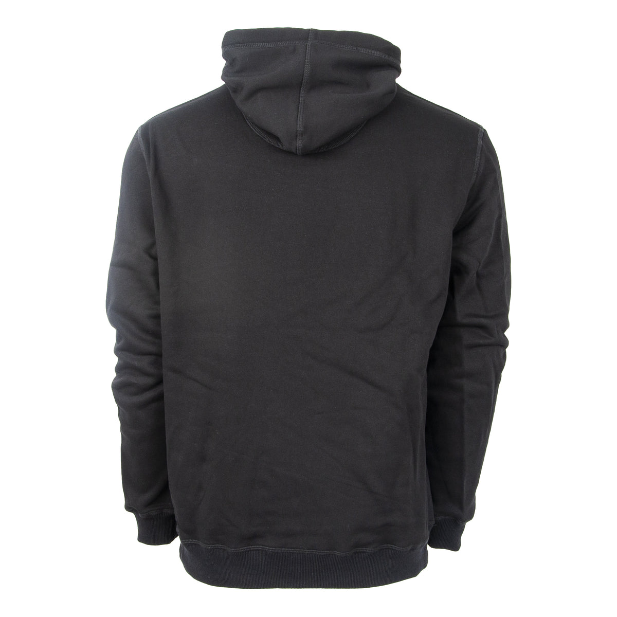 A black unisex hoodie with a hood on a white background.