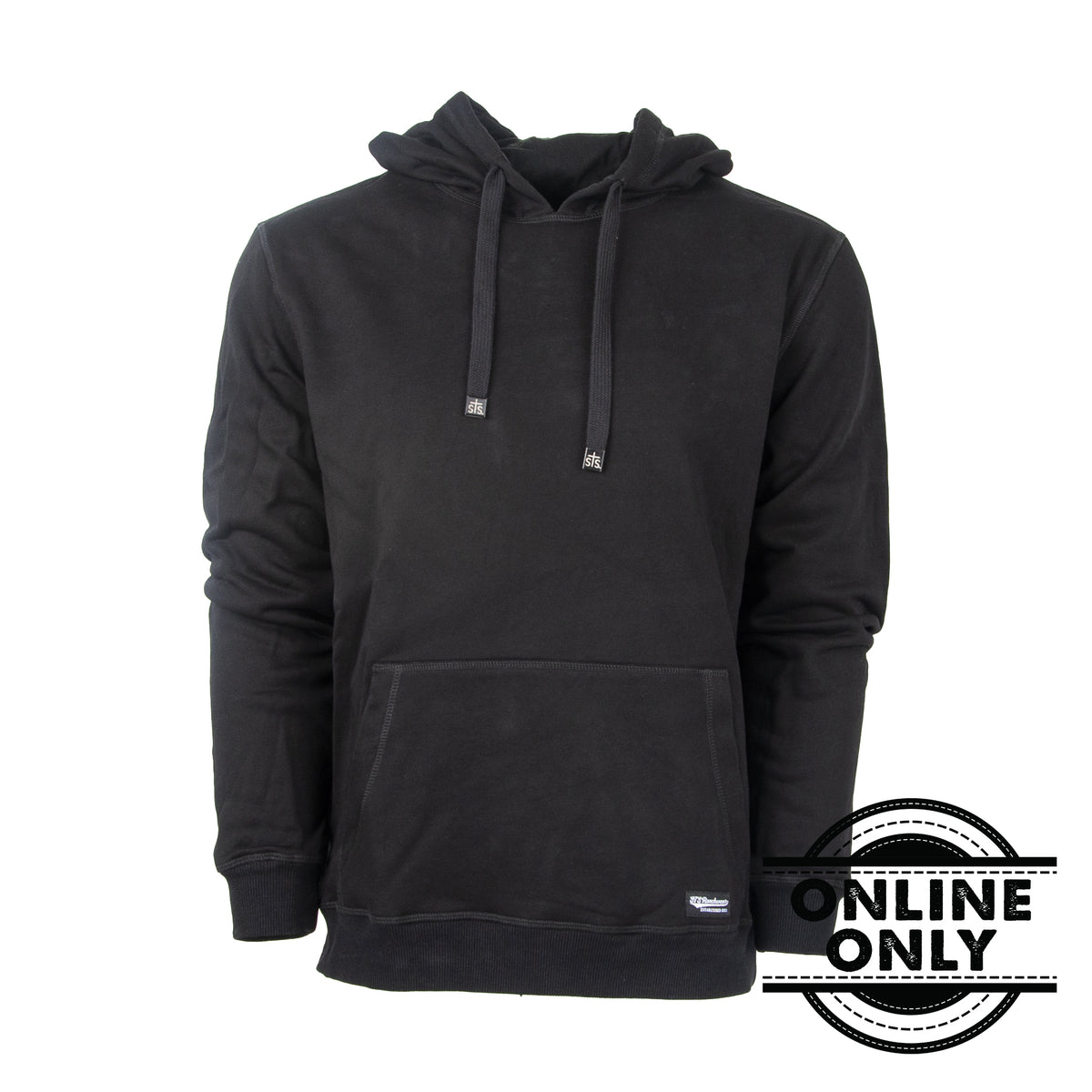 A black unisex hoodie with a hood, drawstrings, ribbed hem and cuffs, and a front hand warmer pocket.