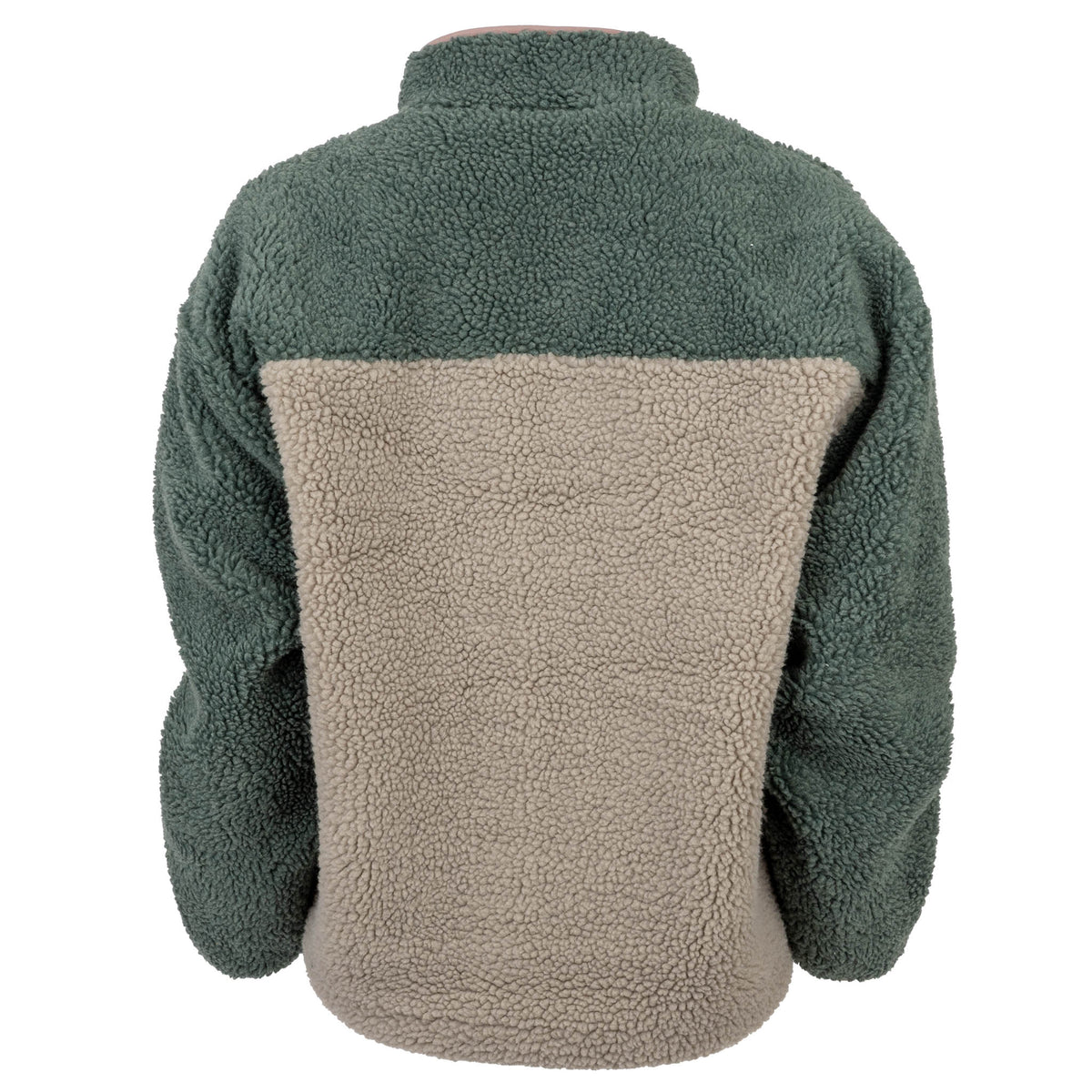 Two-tone fleece jacket with green upper half and beige lower half on a white background.