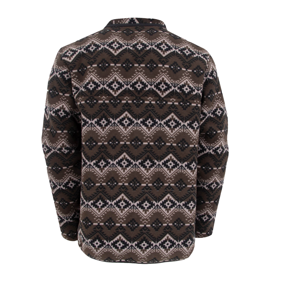 Back of men's pullover sweater with a geometric pattern in black, brown, and white colors displayed on a white background.