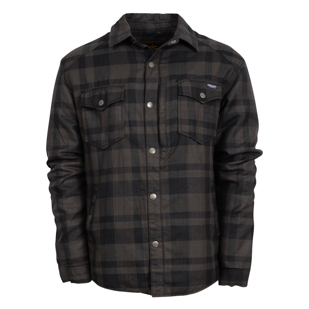 A long-sleeved black plaid men's shirt jacket with hand warming pockets and snap closures on a white background.