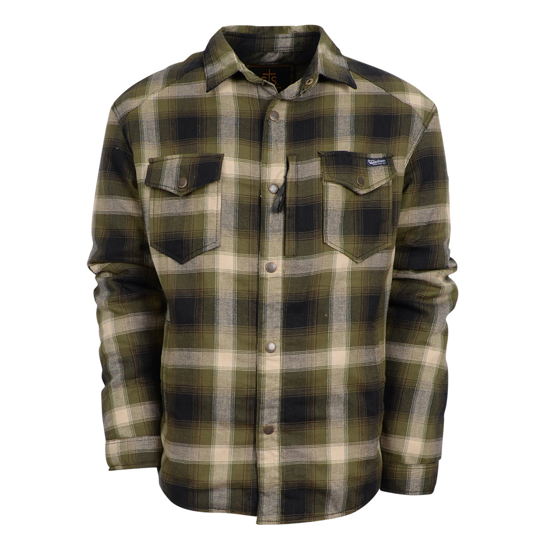 A long-sleeved green plaid men's shirt jacket with hand warming pockets and snap closures on a white background.