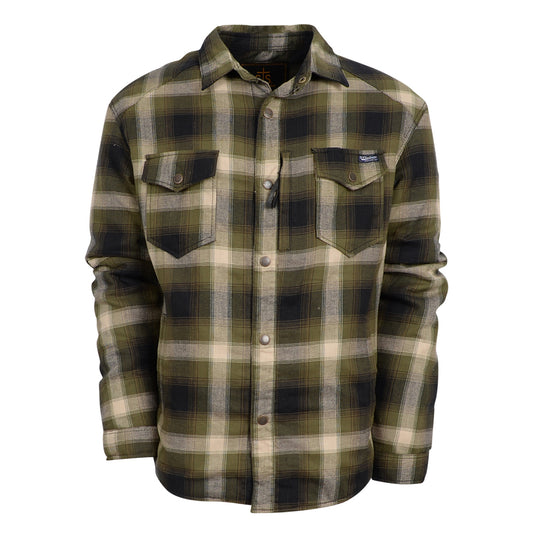 A long-sleeved green plaid men's shirt jacket with hand warming pockets and snap closures on a white background.