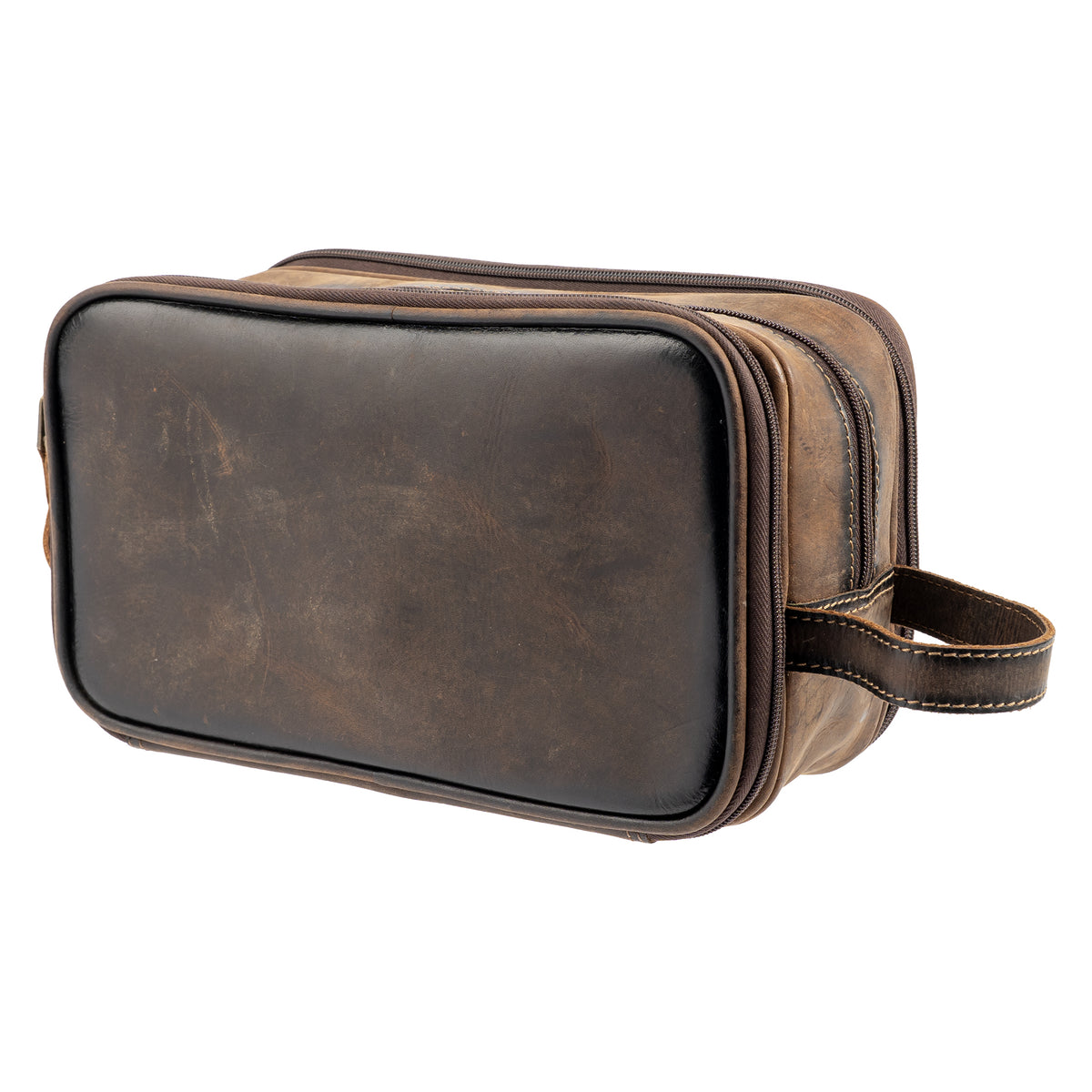 back side view of our canvas bull camo and full grain leather triple zip closure shave kit on white background