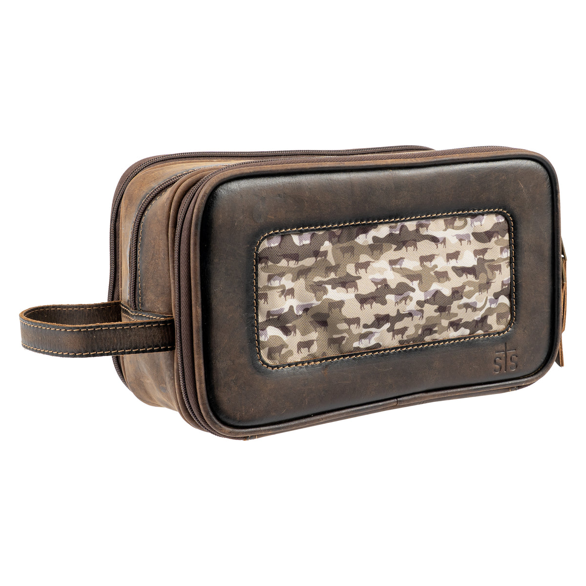 front side view of our canvas bull camo and full grain leather triple zip closure shave kit on white background