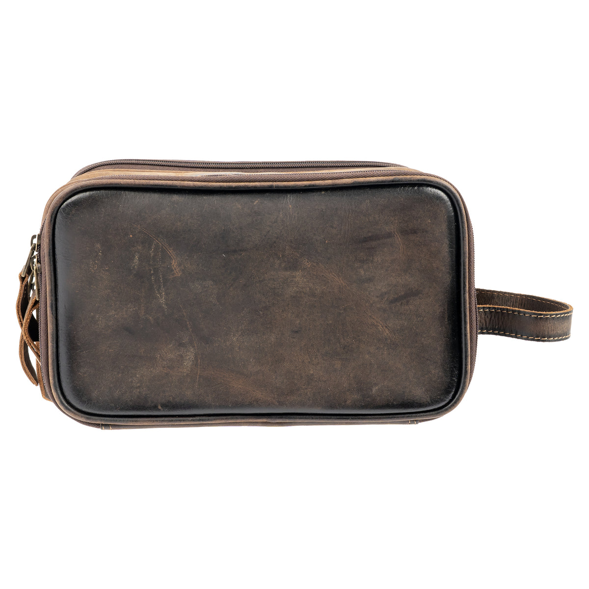 back of our canvas bull camo and full grain leather triple zip closure shave kit on white background