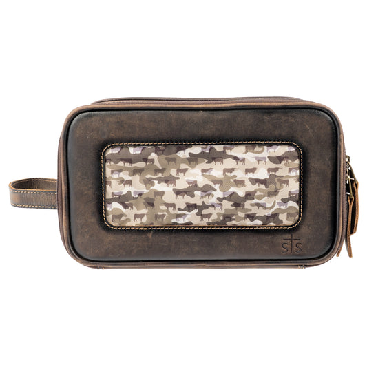 canvas bull camo and full grain leather triple zip closure shave kit on white background