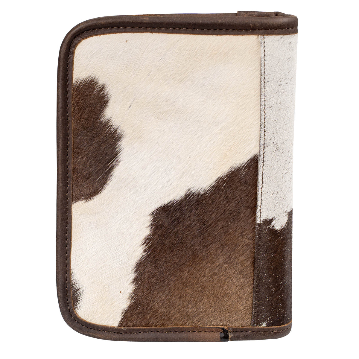 Small genuine leather jewelry case with brown and white cowhide pattern on a white background.