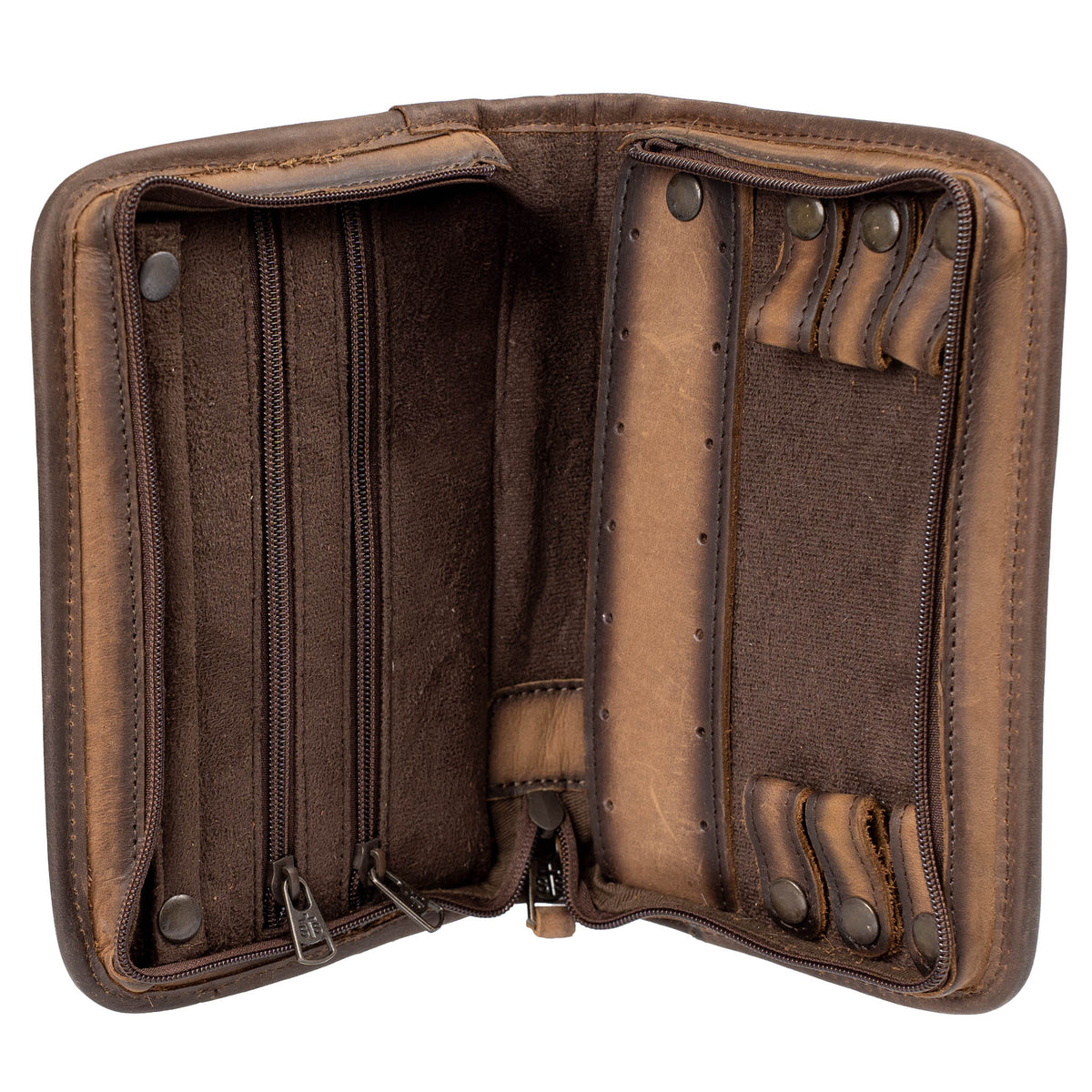 Brown leather wallet with multiple compartments on a white background.