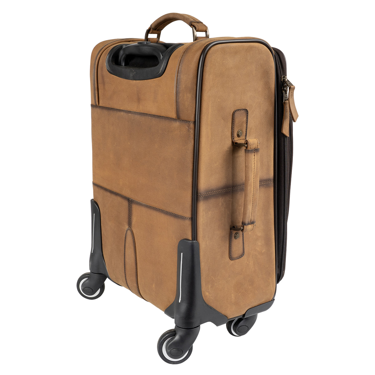 Back angle view of a brown genuine leather rolling suitcase on a white background.