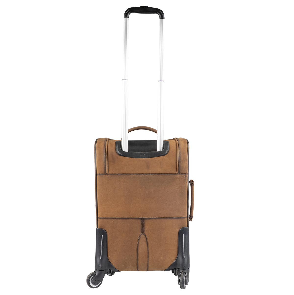 Back view of brown leather rolling suitcase with telescoping handle extended.