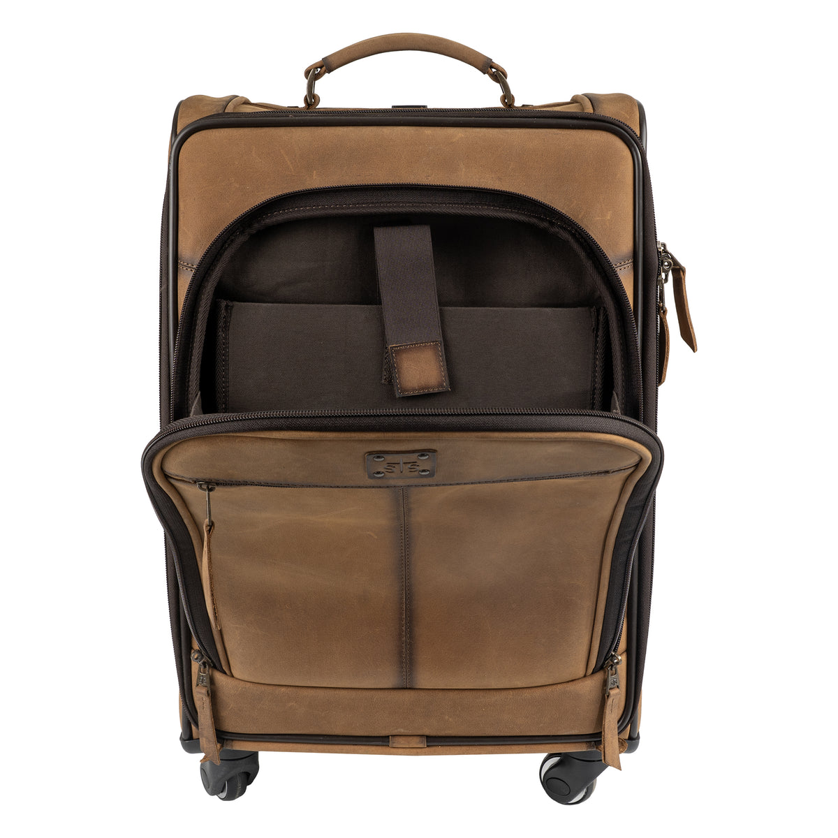 Front view of brown leather rolling suitcase featuring an open exterior pocket with a laptop sleeve.