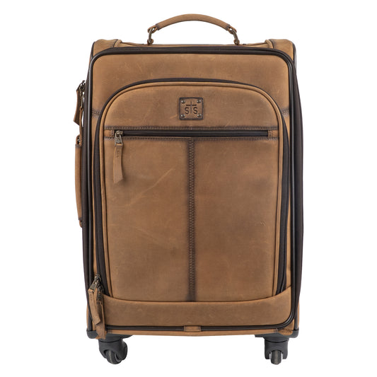 Brown genuine leather rolling suitcase featuring leather handles and multiple pockets.
