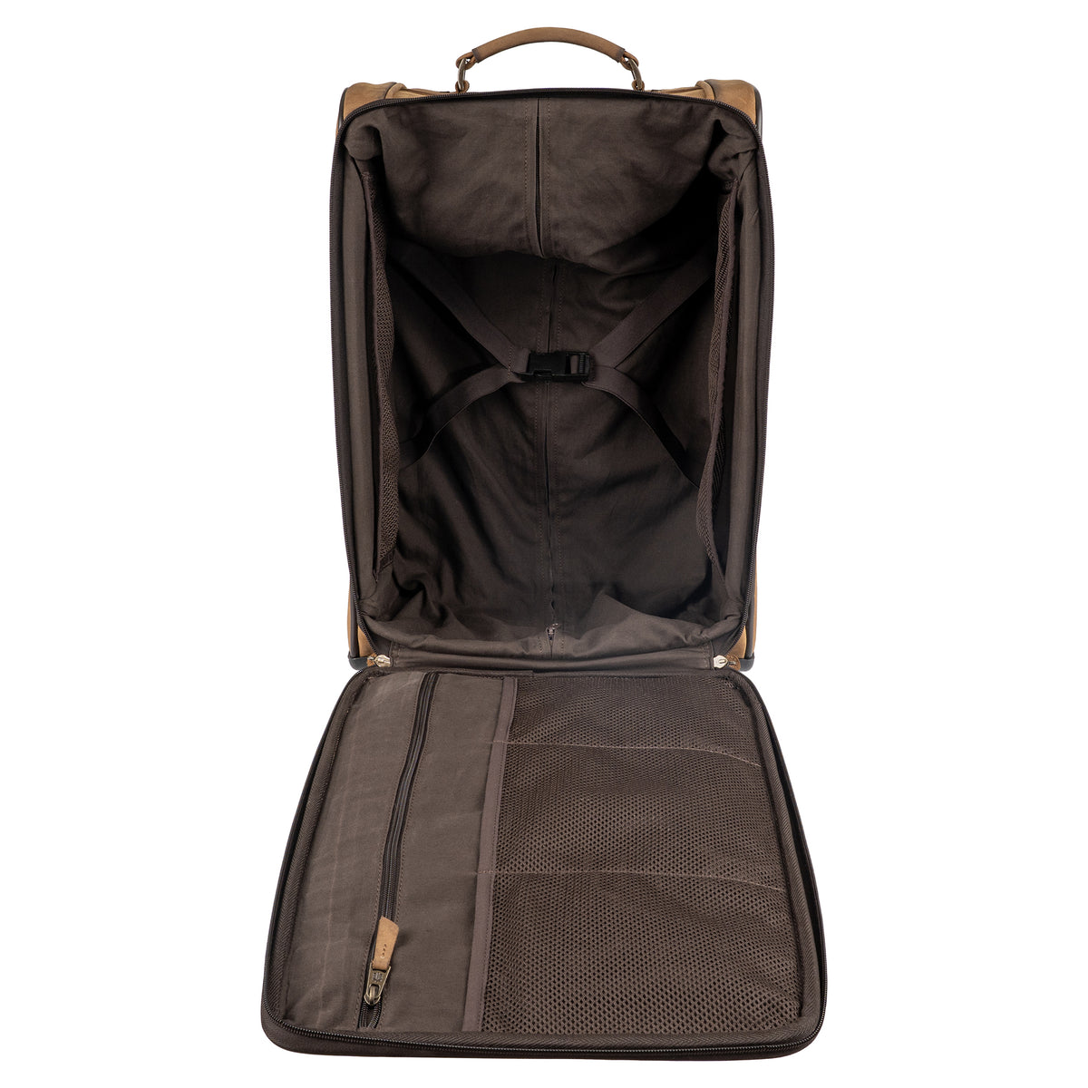Interior of brown leather rolling suitcase featuring a brown lining and interior pockets.