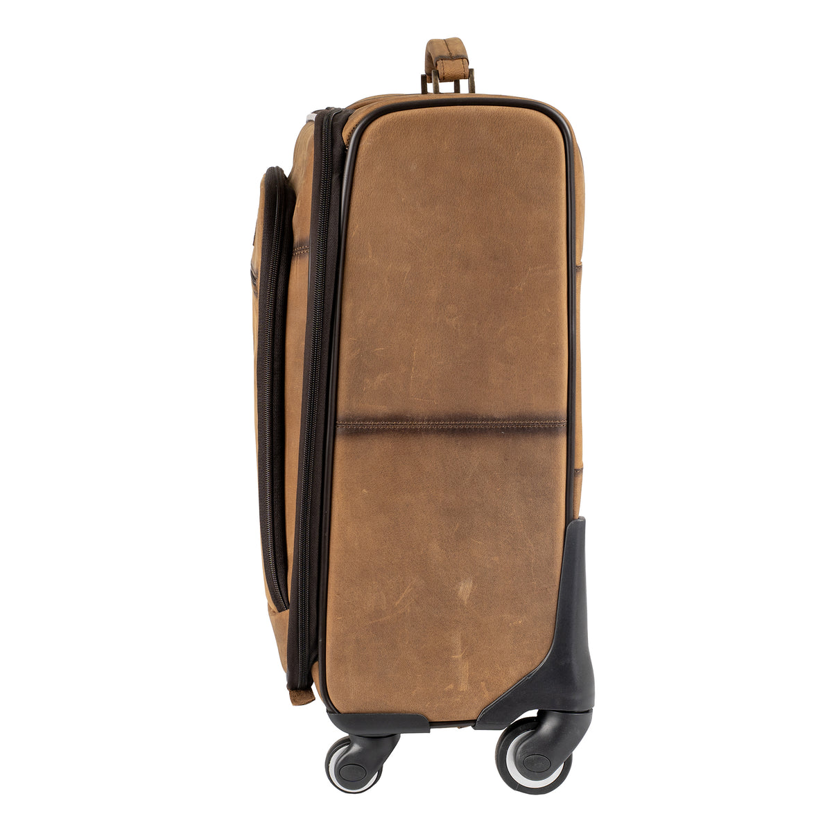Side view of brown genuine leather rolling suitcase featuring a leather carrying handle.
