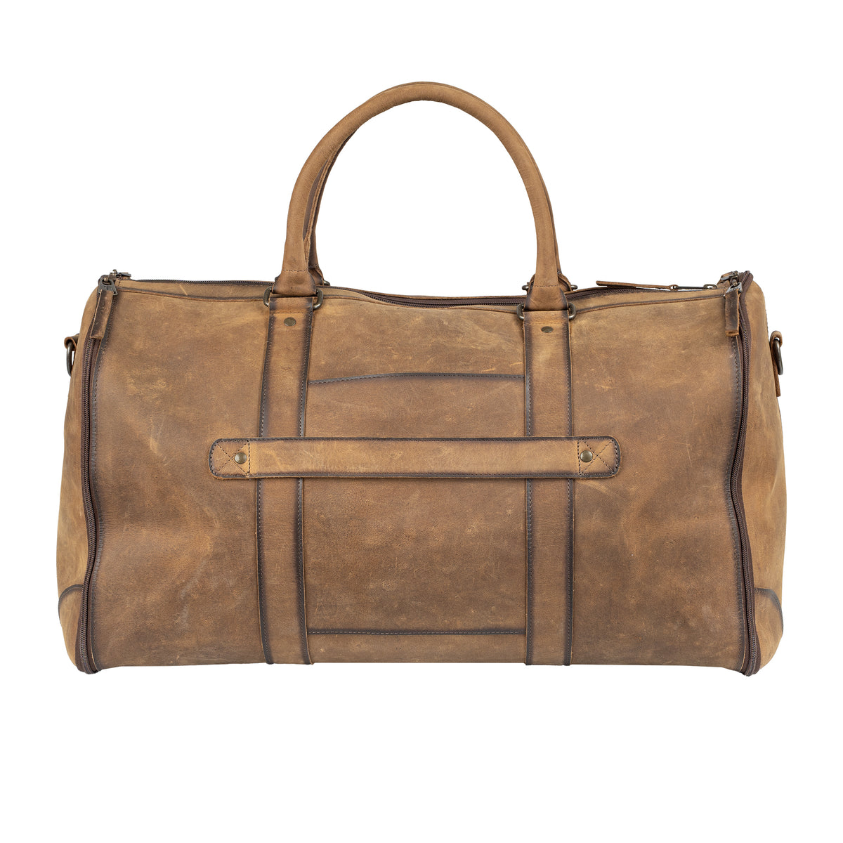 Back view of a distressed brown leather duffel bag with dark brown trim, featuring dual top handles and a trolley sleeve.