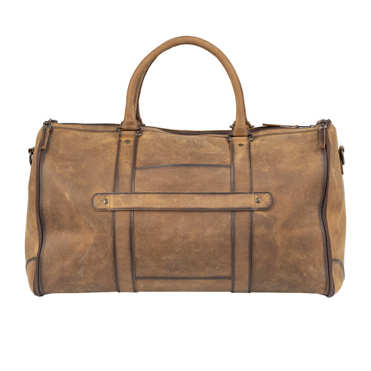 Back view of a distressed brown leather duffel bag with dark brown trim, featuring dual top handles and a trolley sleeve.