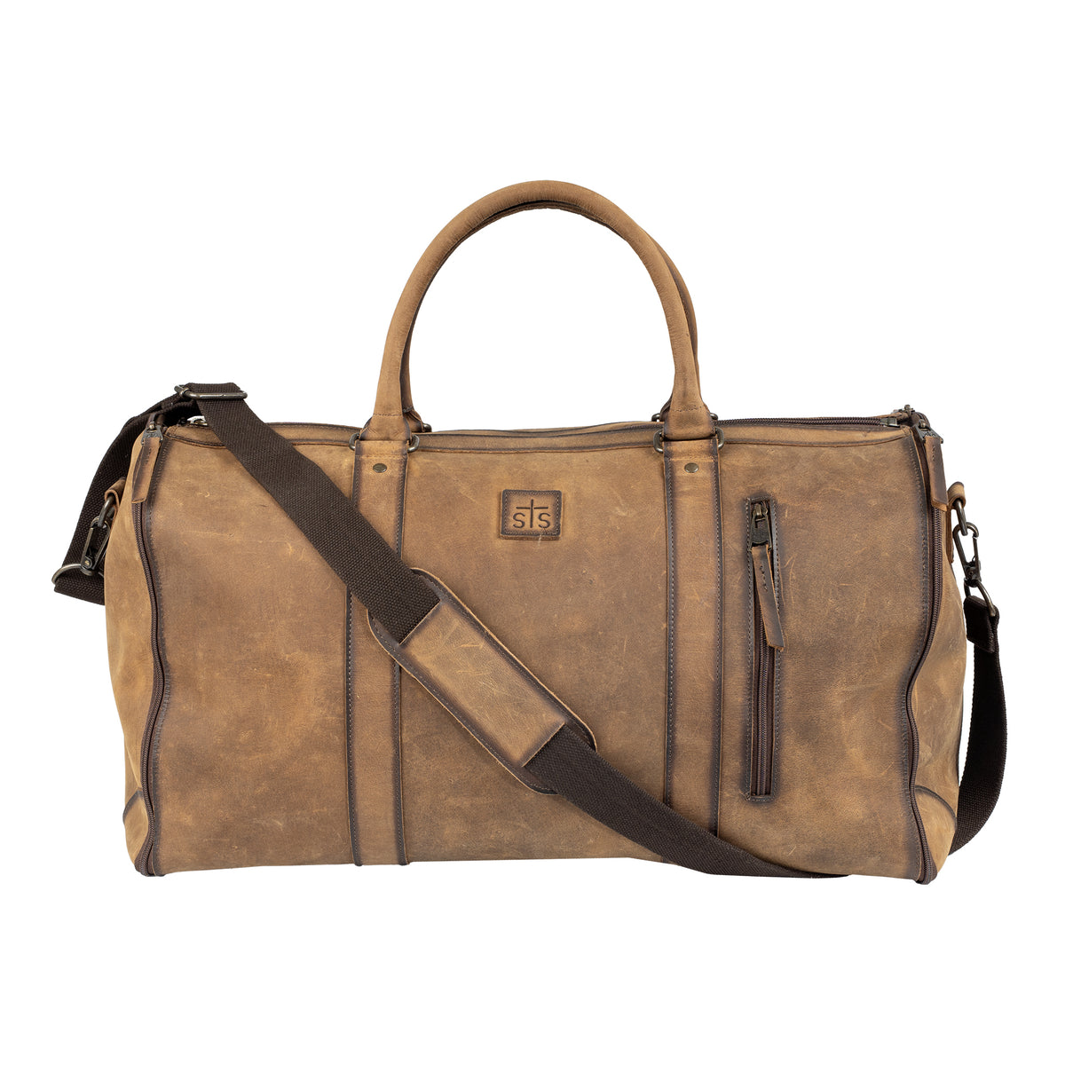 A distressed brown leather duffel bag with dark brown trim, featuring dual top handles, a detachable shoulder strap, and a small square logo patch on the front.