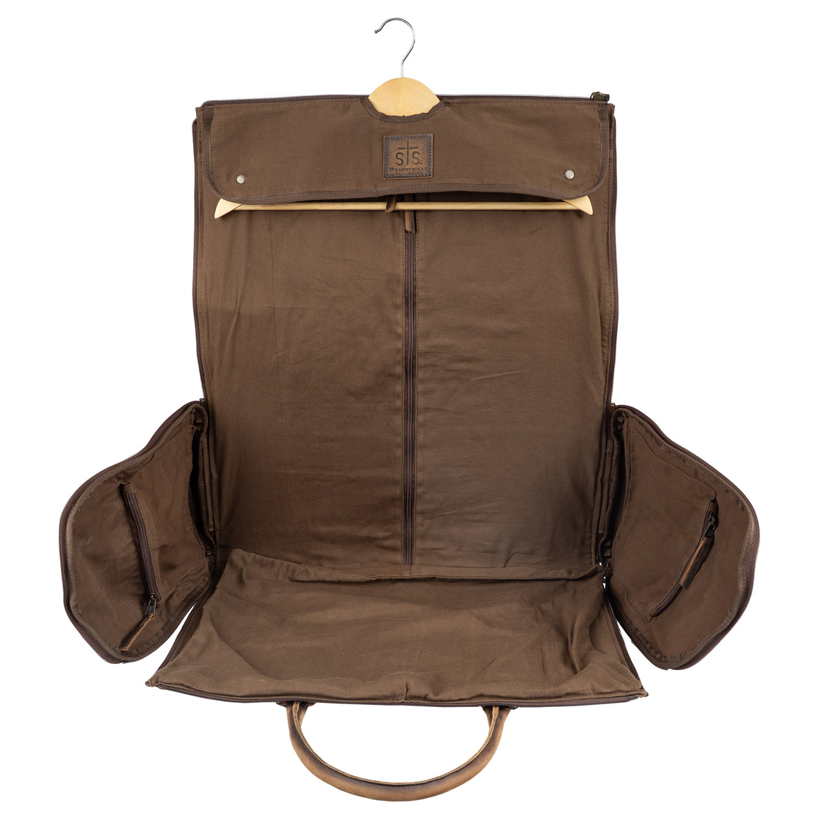 Inside of a brown garment bag featuring a folding design with a garment bag inside.