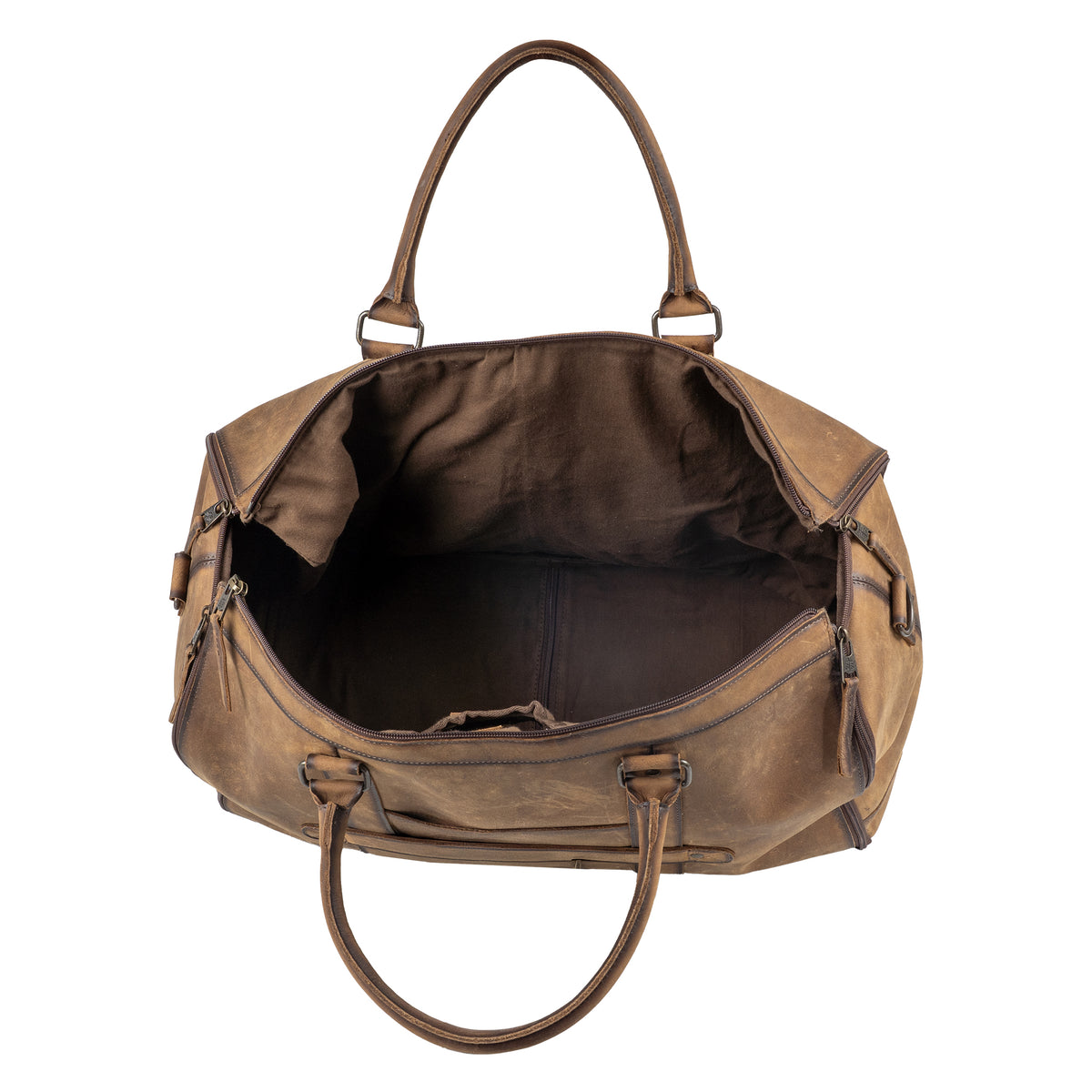 A brown distressed leather duffel bag shown from a top-down view, with its main compartment open to display the interior.