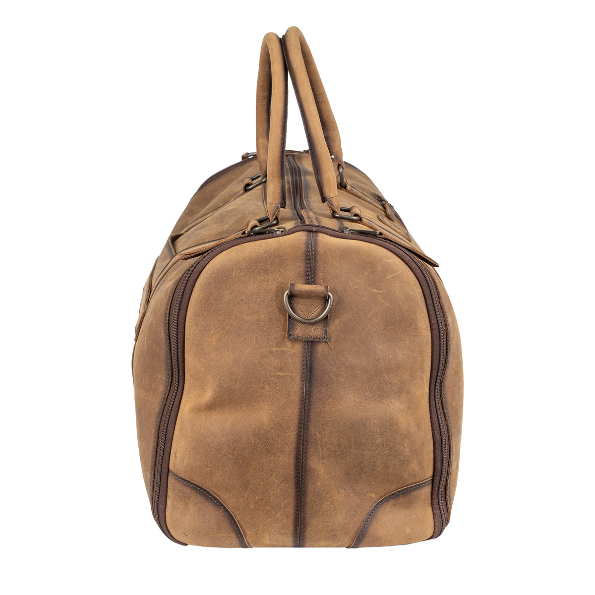 Side of a brown genuine leather duffle bag featuring zip closure pocket and dual rolled leather handles.