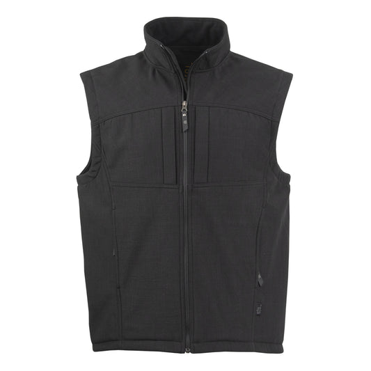 Black zip up vest on a white background.