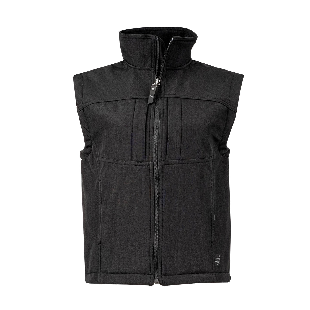 Black zip up vest on a white background.