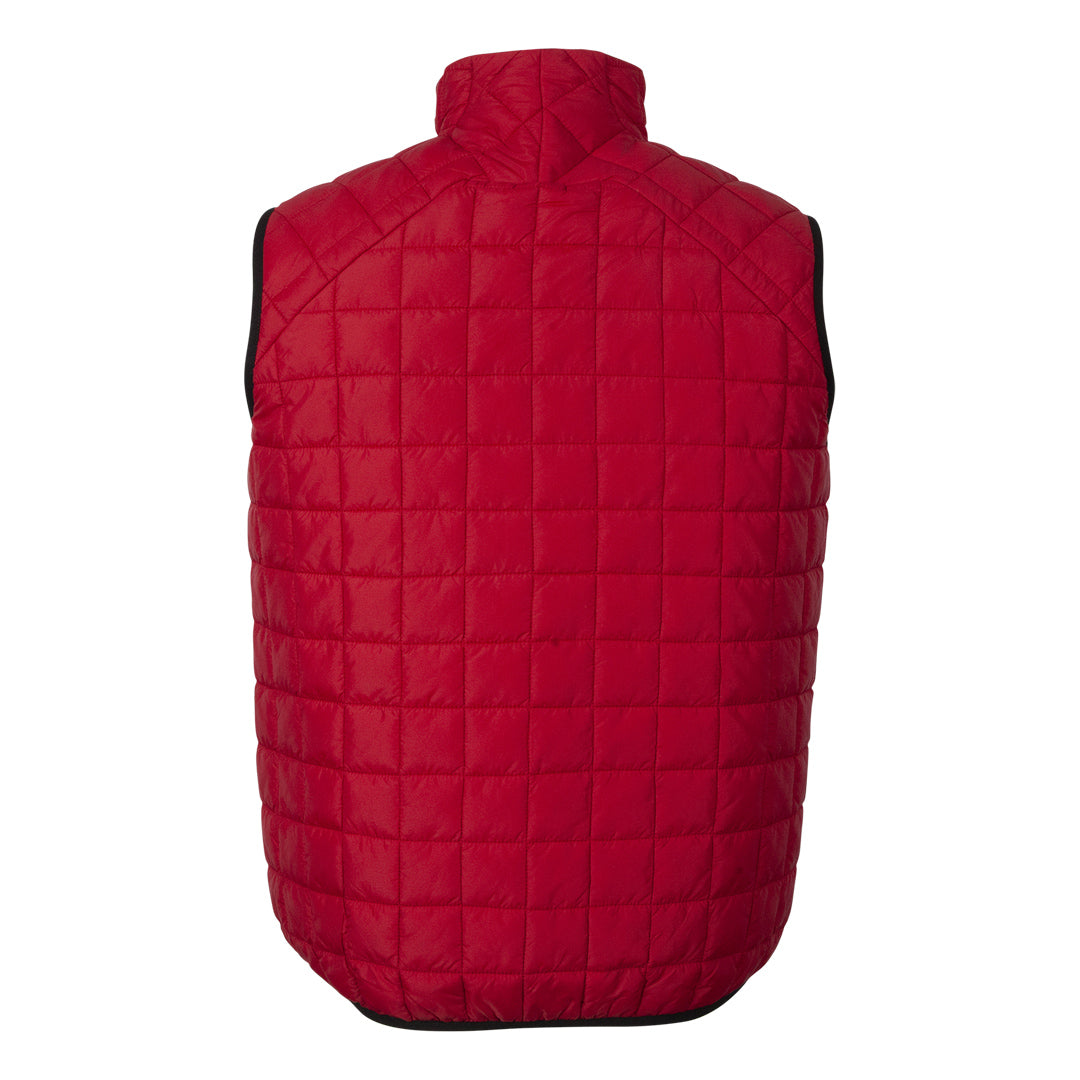 A red quilted lightweight jacket designed as a men's vest on a white background.