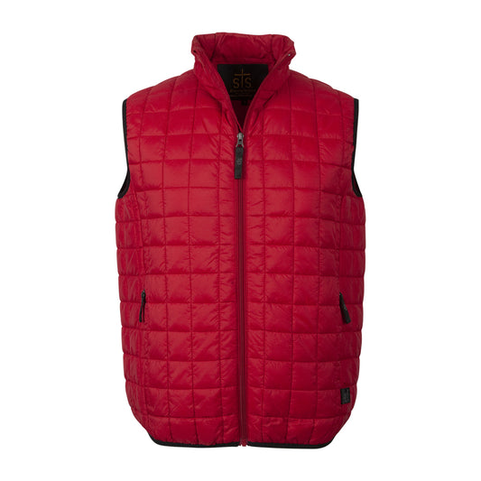 A red quilted lightweight jacket with zip front closure and multiple pockets designed as a men's vest on a white background.